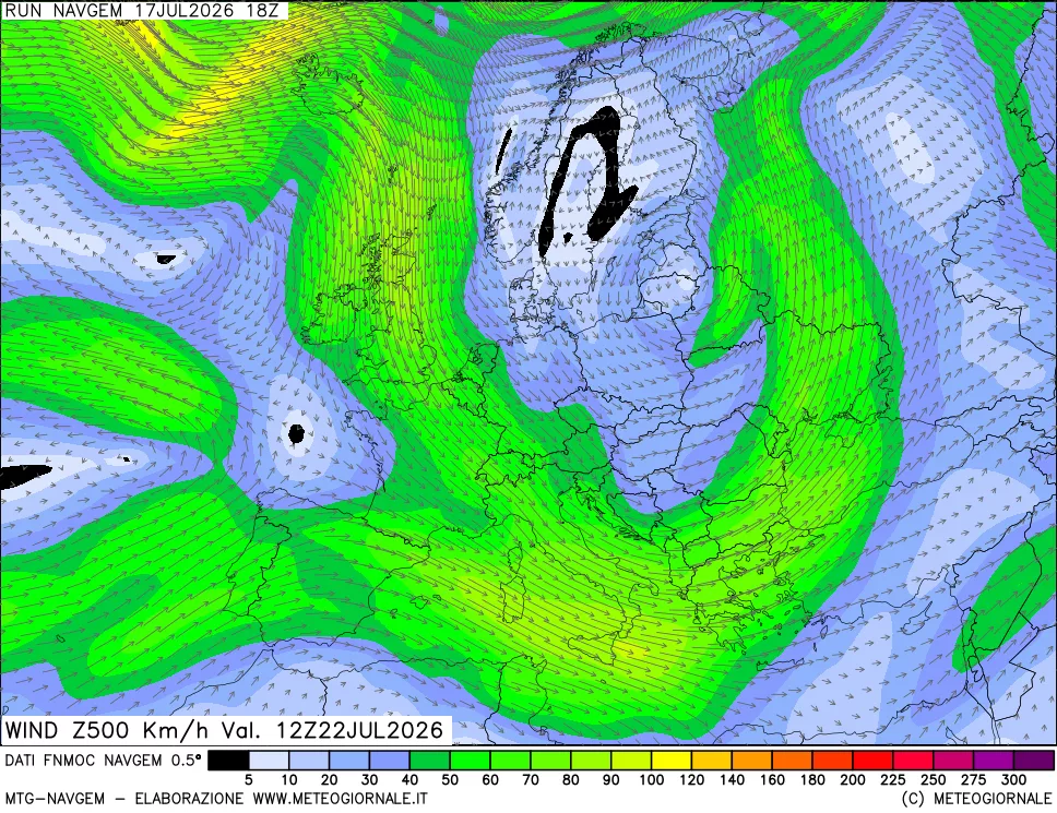 mappa Direzione e forza del vento a 500hPa