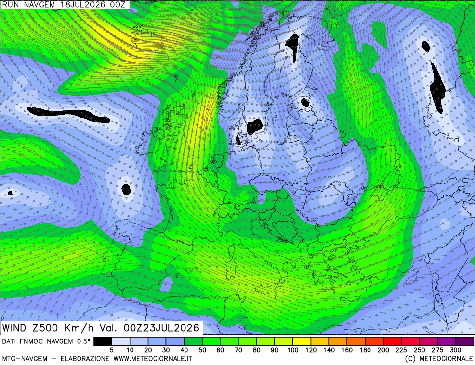 mappa Direzione e forza del vento a 500hPa