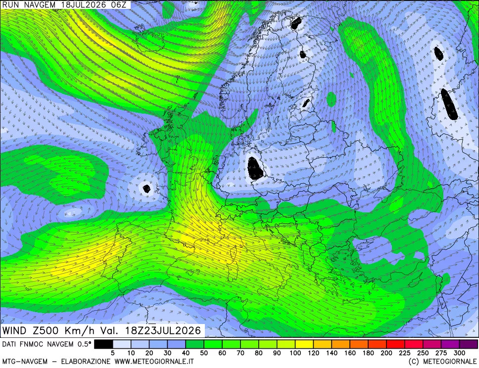 mappa Direzione e forza del vento a 500hPa