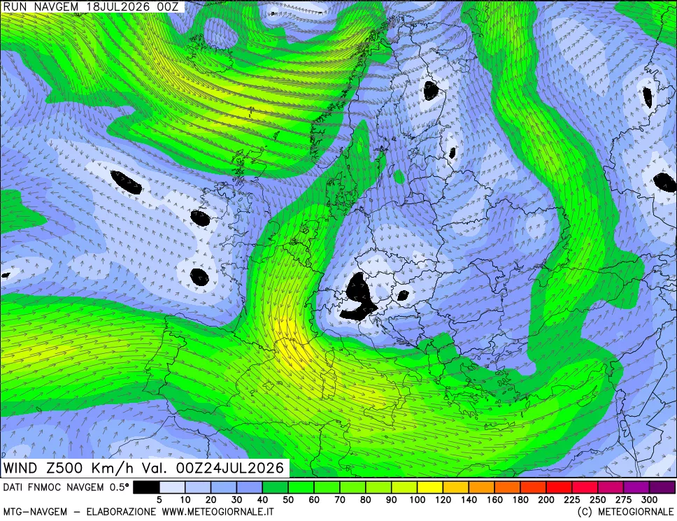 mappa Direzione e forza del vento a 500hPa