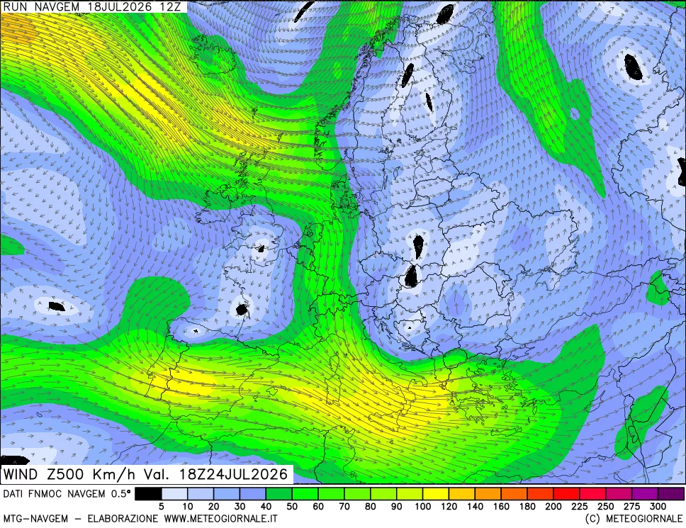 mappa Direzione e forza del vento a 500hPa