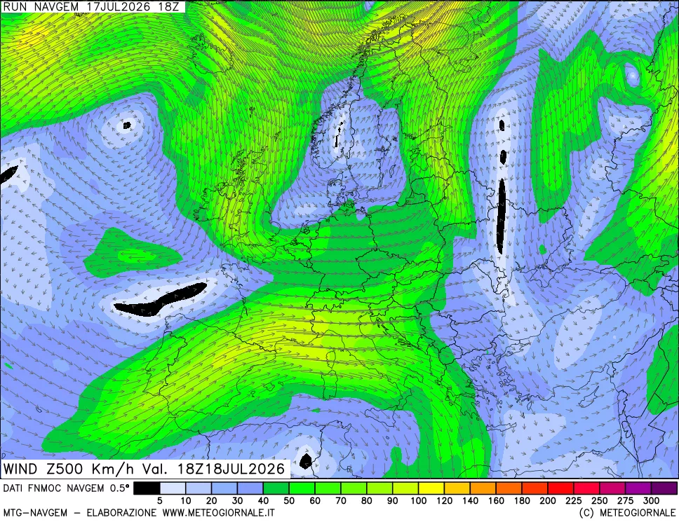 mappa Direzione e forza del vento a 500hPa