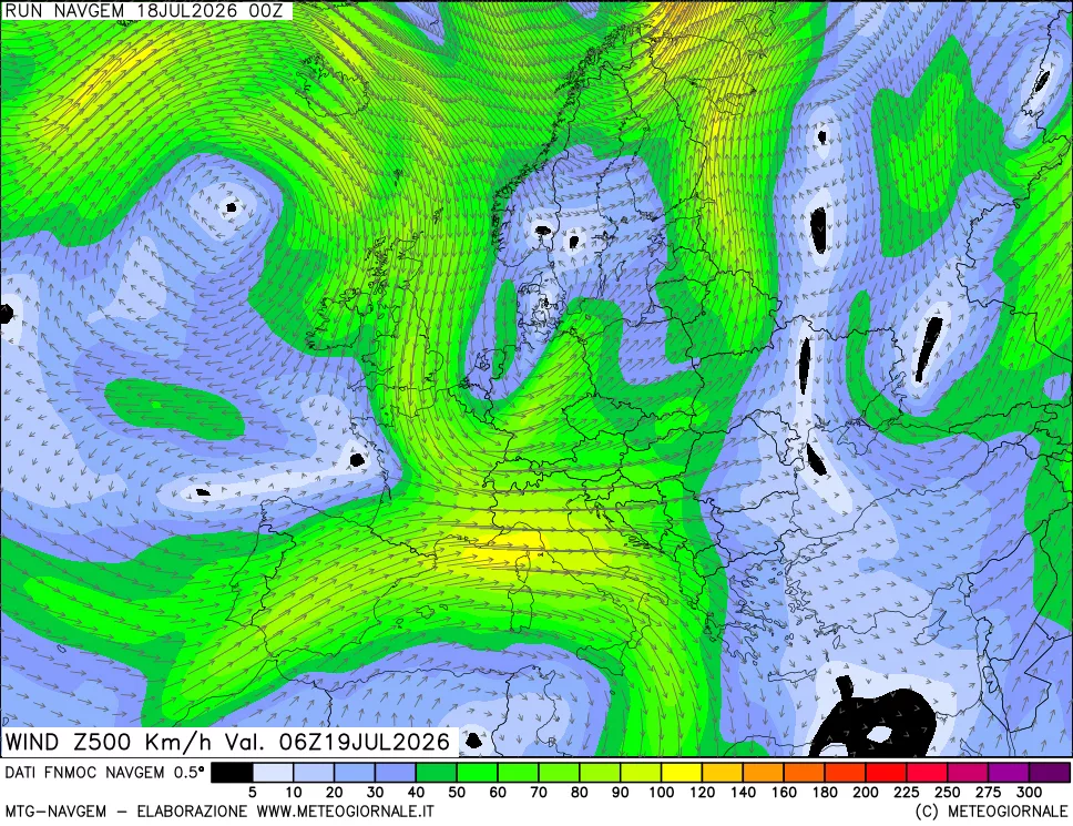 mappa Direzione e forza del vento a 500hPa