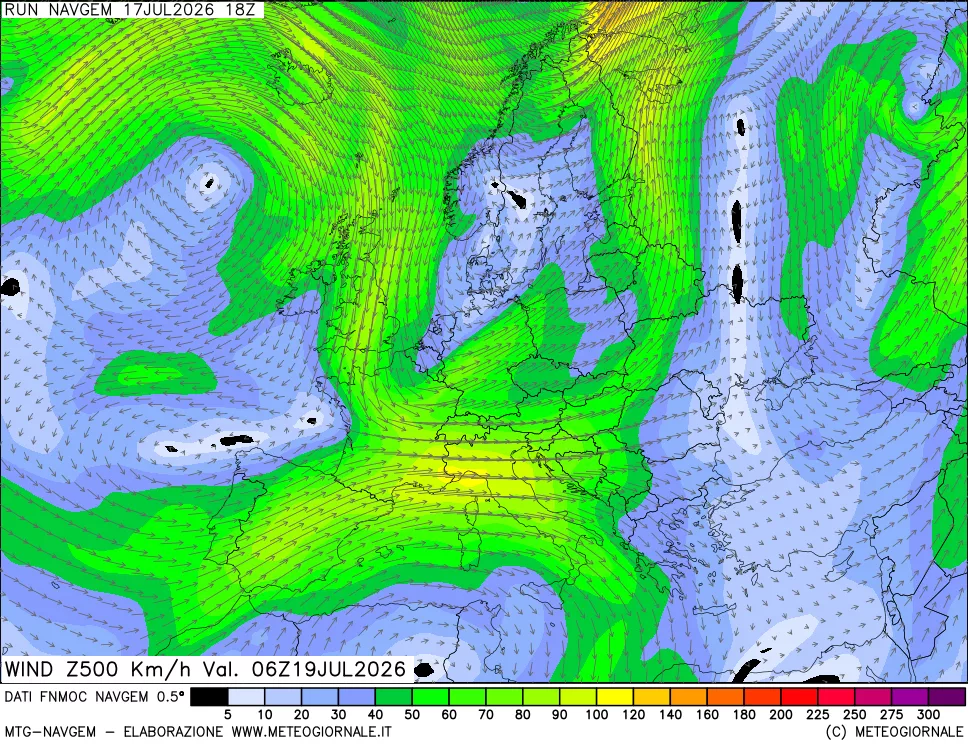 mappa Direzione e forza del vento a 500hPa