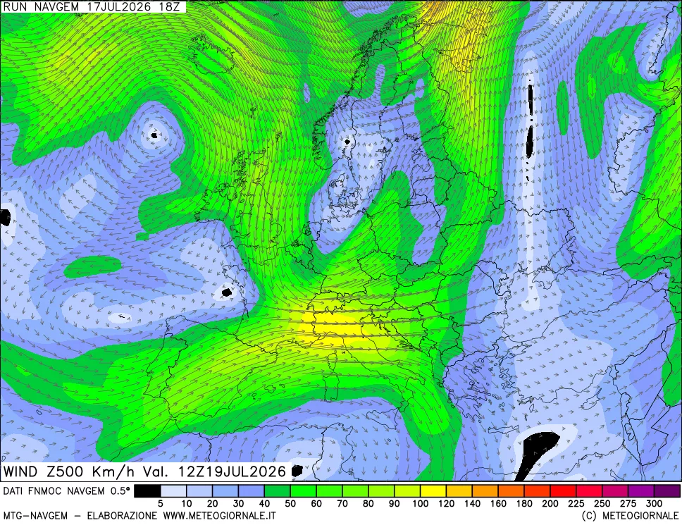 mappa Direzione e forza del vento a 500hPa