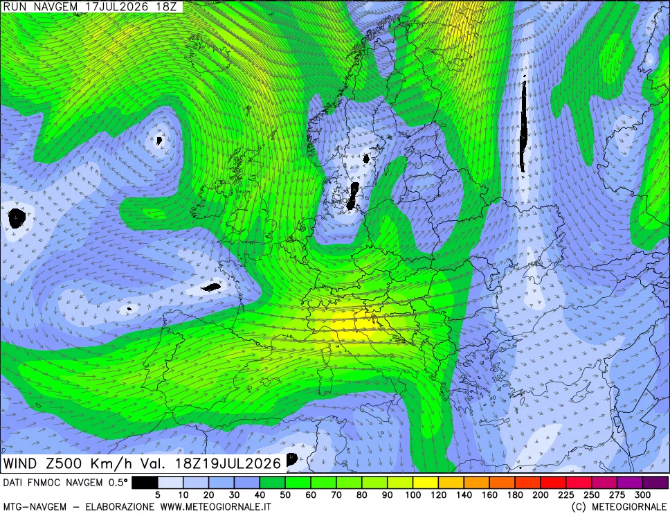 mappa Direzione e forza del vento a 500hPa