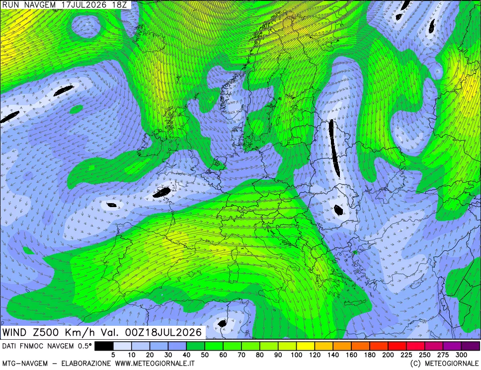 mappa Direzione e forza del vento a 500hPa