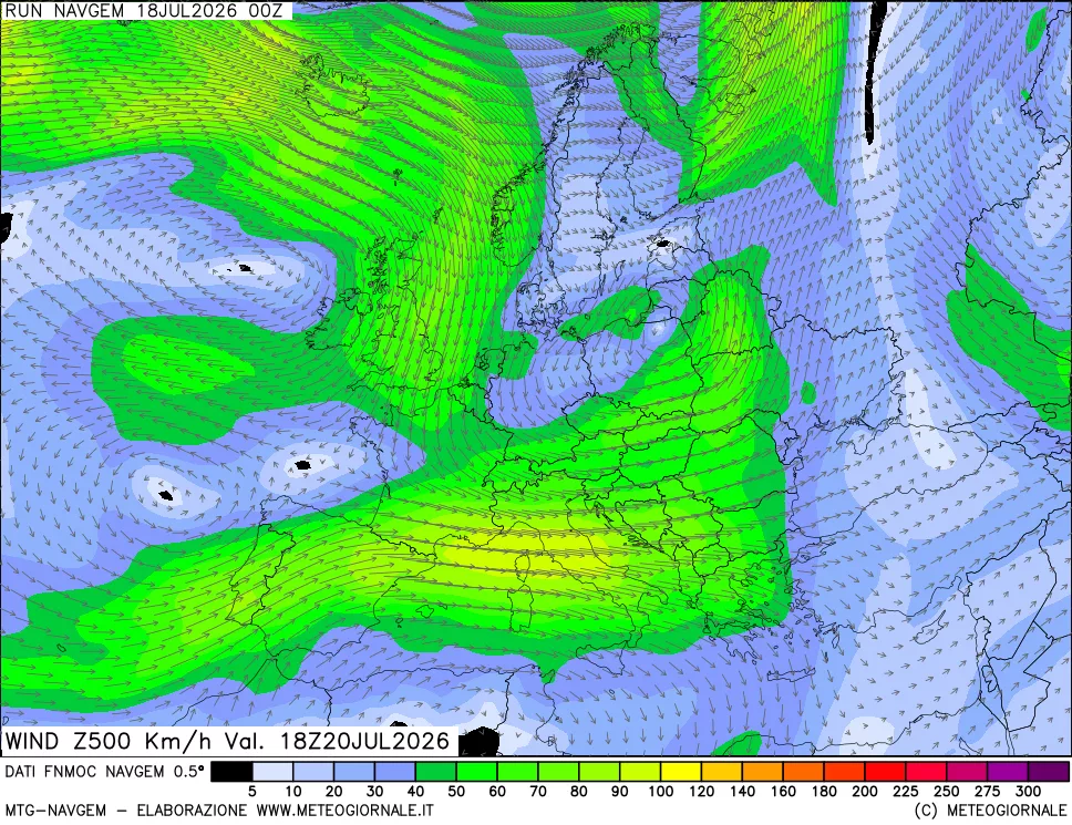 mappa Direzione e forza del vento a 500hPa