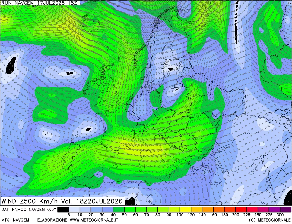 mappa Direzione e forza del vento a 500hPa