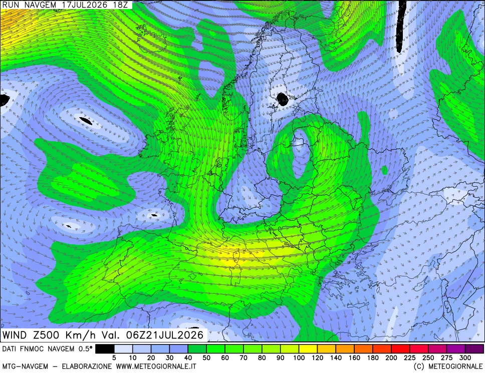 mappa Direzione e forza del vento a 500hPa