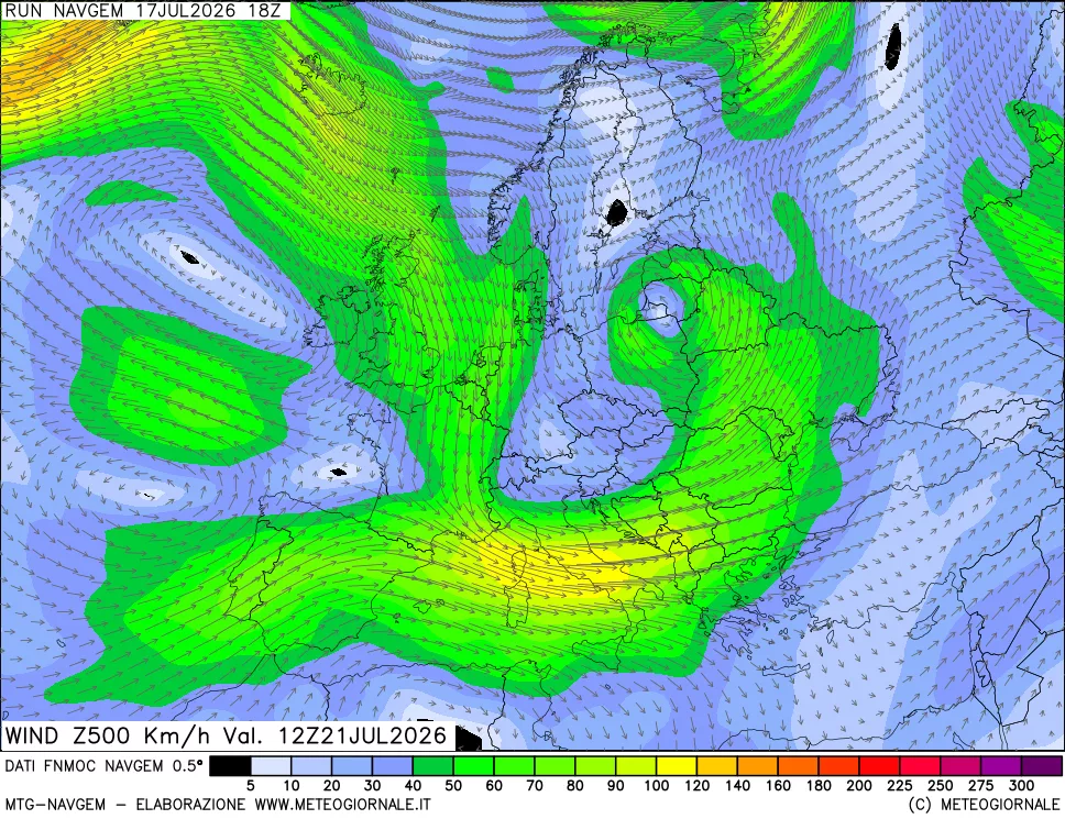 mappa Direzione e forza del vento a 500hPa