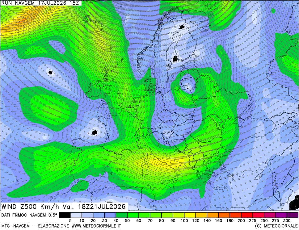 mappa Direzione e forza del vento a 500hPa