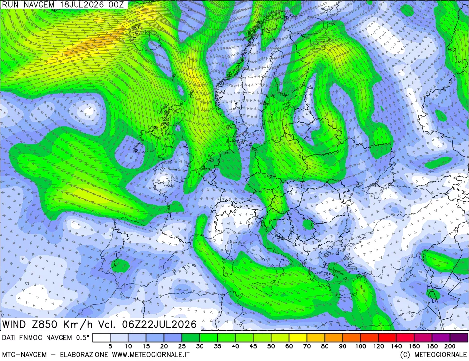 mappa Direzione e forza del vento a 850hPa