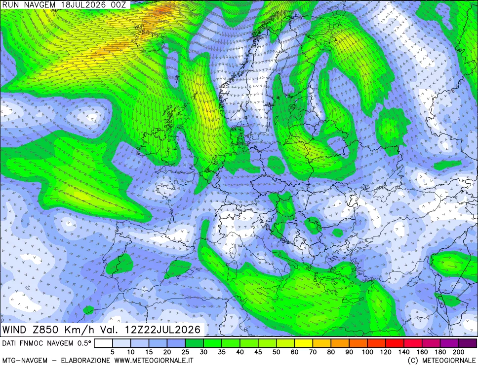 mappa Direzione e forza del vento a 850hPa