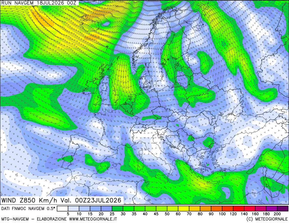 mappa Direzione e forza del vento a 850hPa