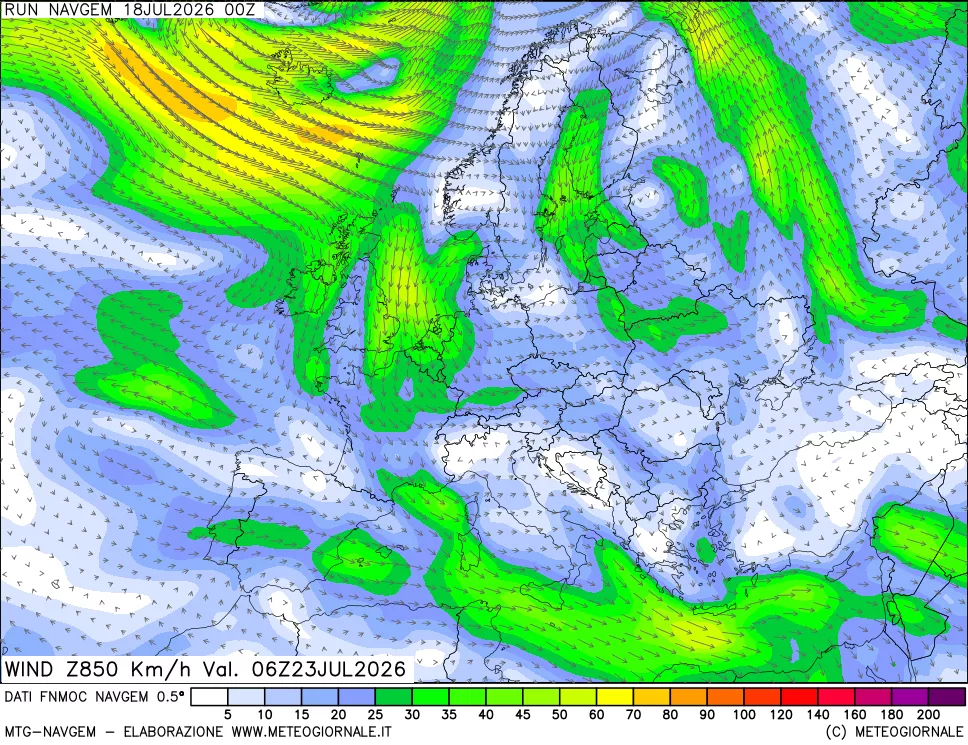 mappa Direzione e forza del vento a 850hPa