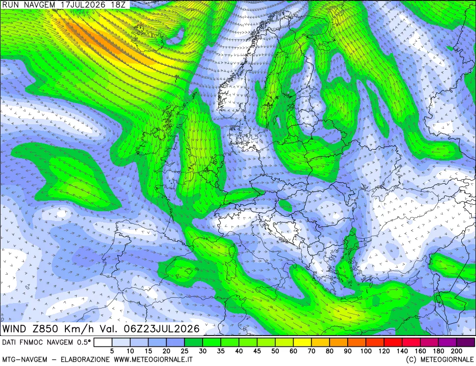 mappa Direzione e forza del vento a 850hPa