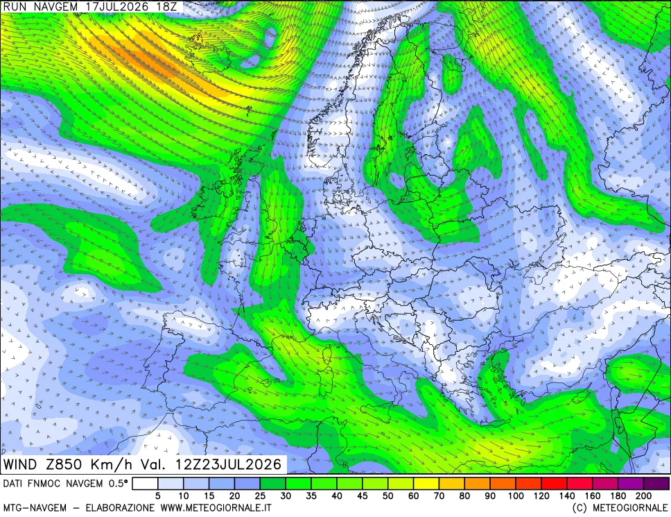 mappa Direzione e forza del vento a 850hPa