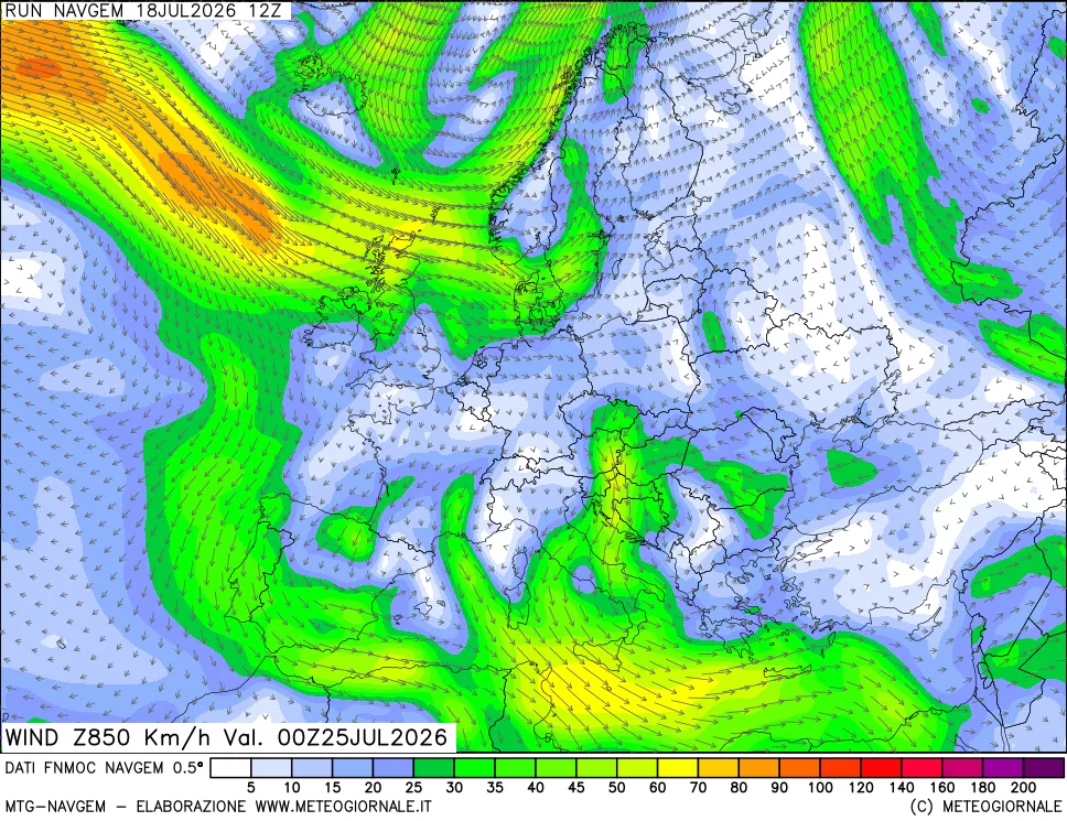 mappa Direzione e forza del vento a 850hPa