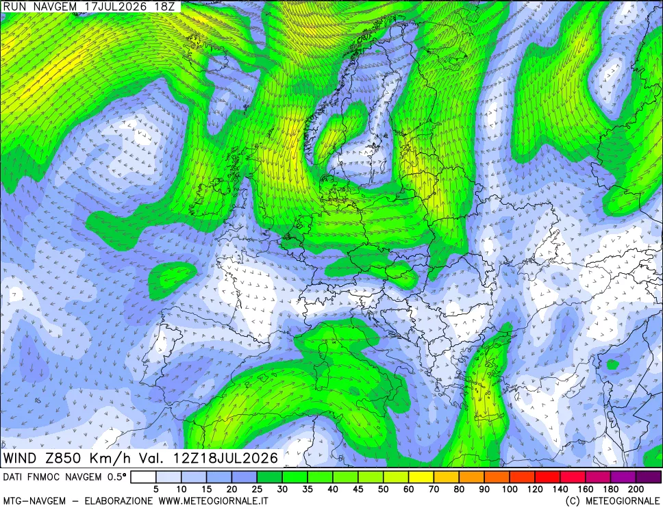 mappa Direzione e forza del vento a 850hPa