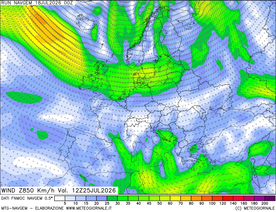 mappa Direzione e forza del vento a 850hPa