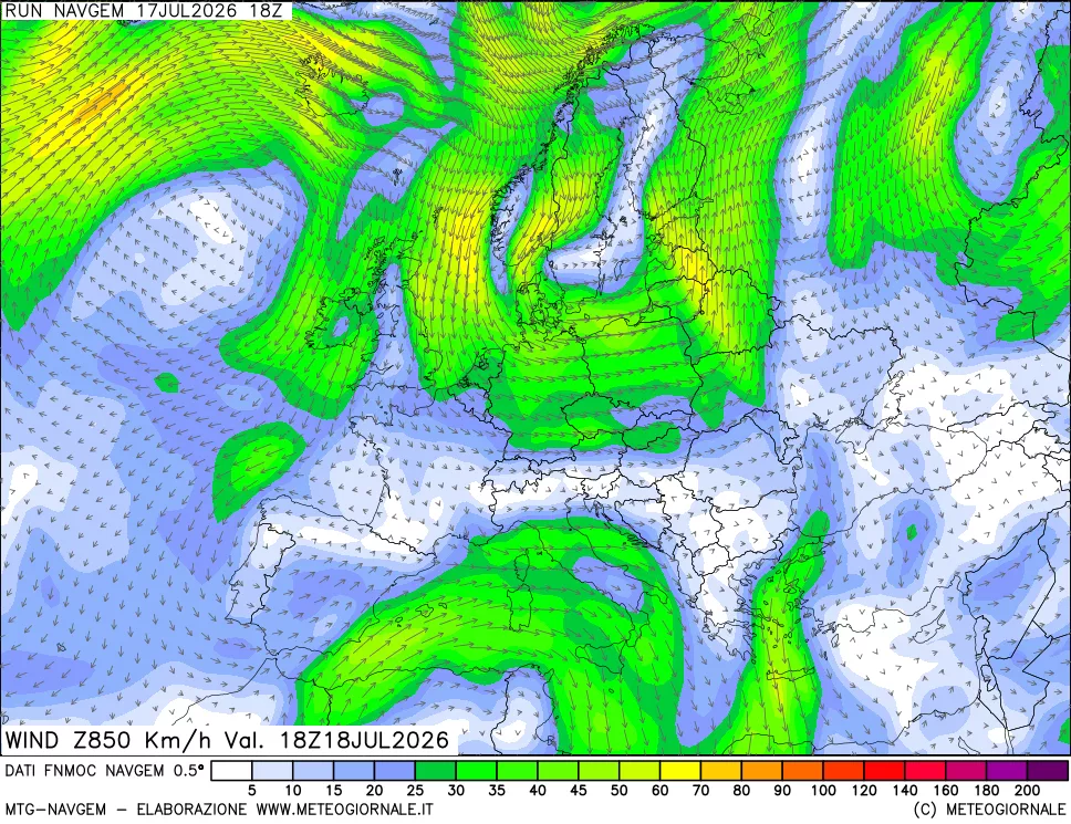 mappa Direzione e forza del vento a 850hPa
