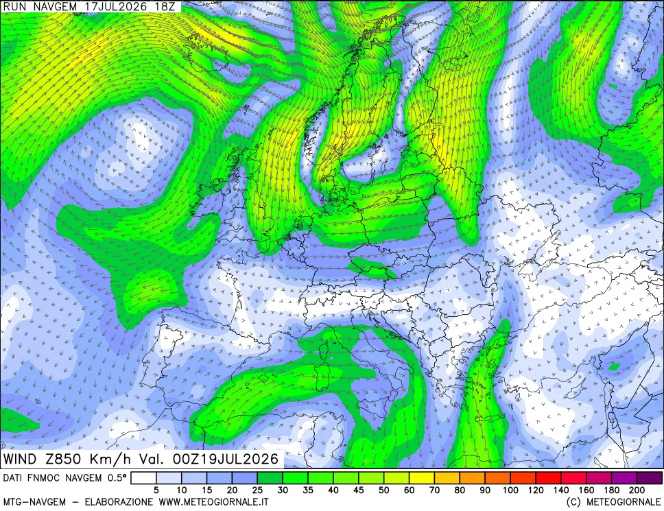 mappa Direzione e forza del vento a 850hPa