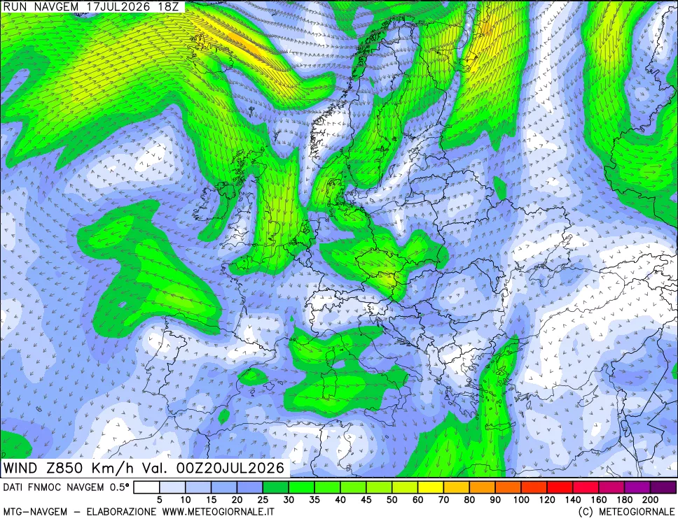 mappa Direzione e forza del vento a 850hPa