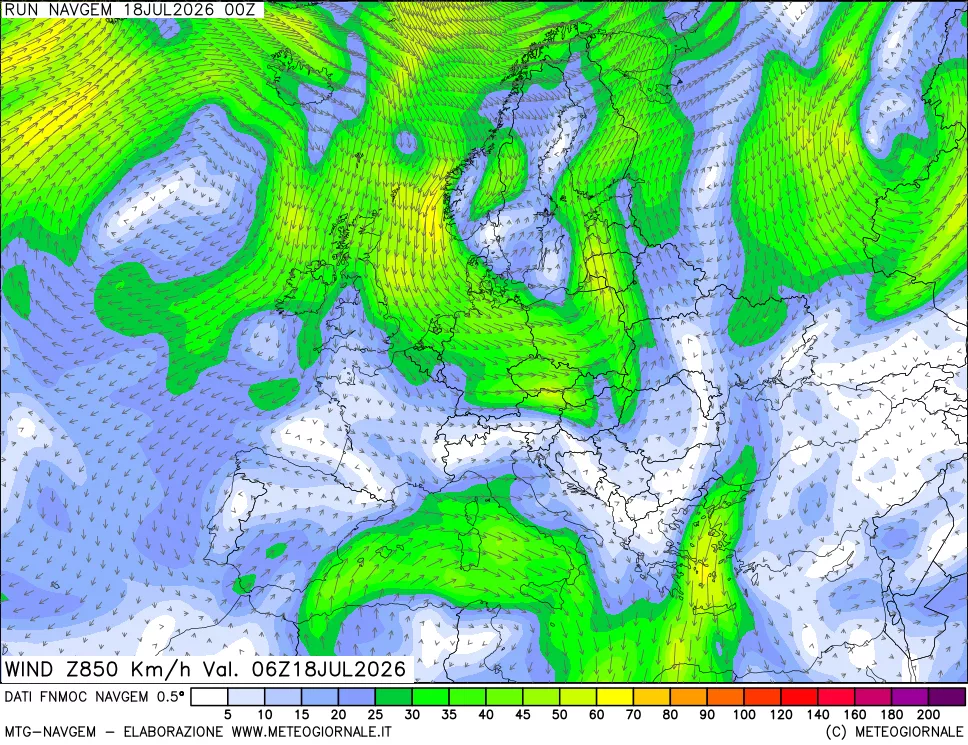 mappa Direzione e forza del vento a 850hPa