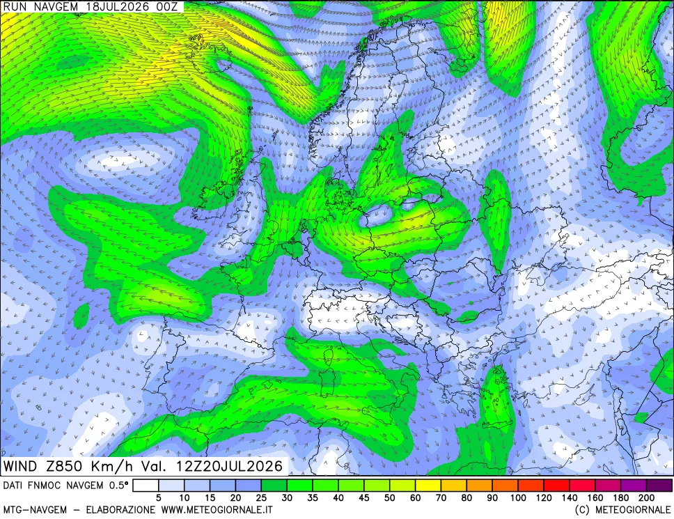mappa Direzione e forza del vento a 850hPa