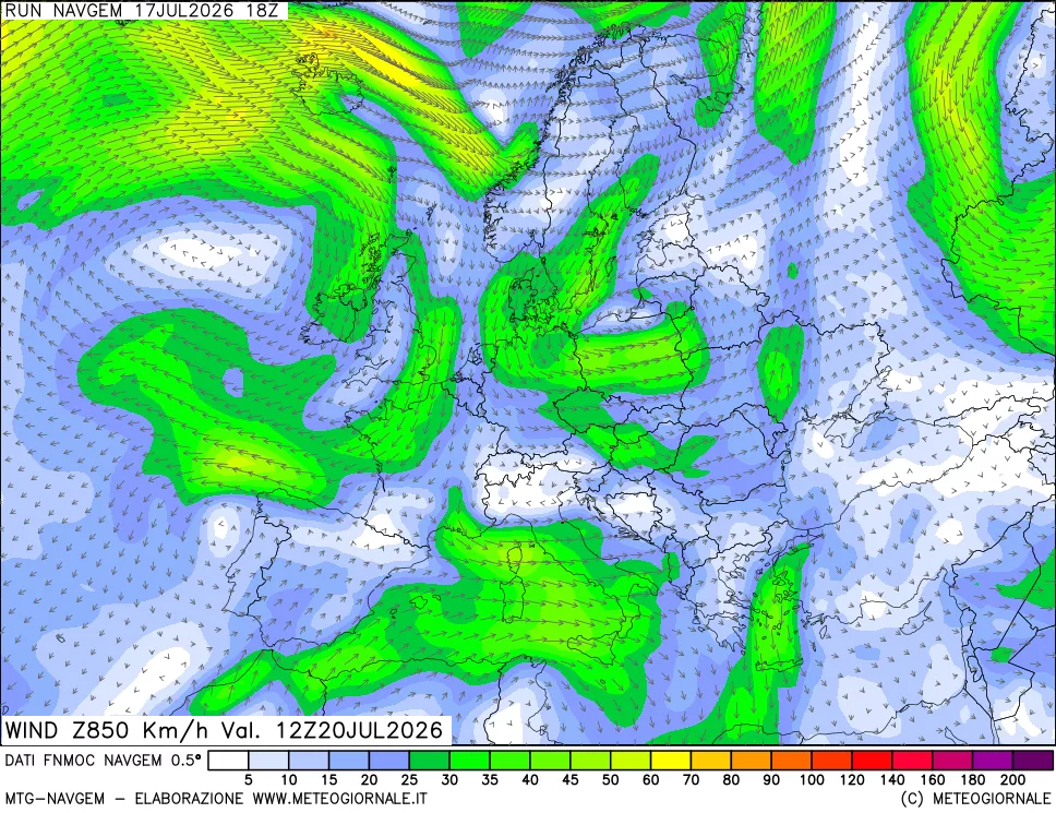 mappa Direzione e forza del vento a 850hPa