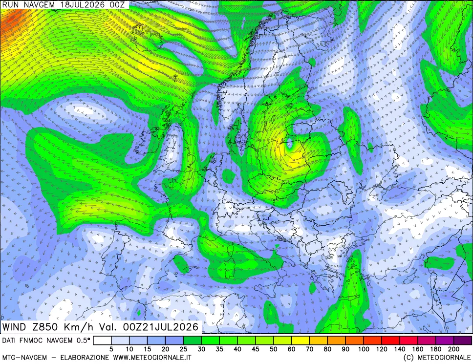 mappa Direzione e forza del vento a 850hPa
