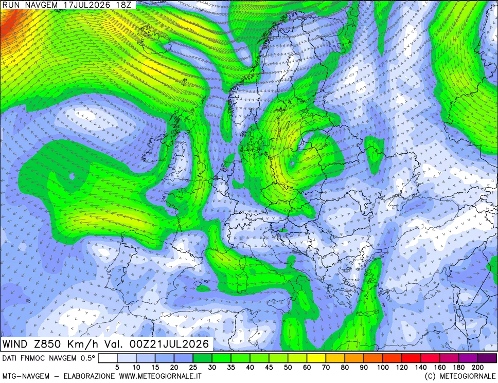 mappa Direzione e forza del vento a 850hPa