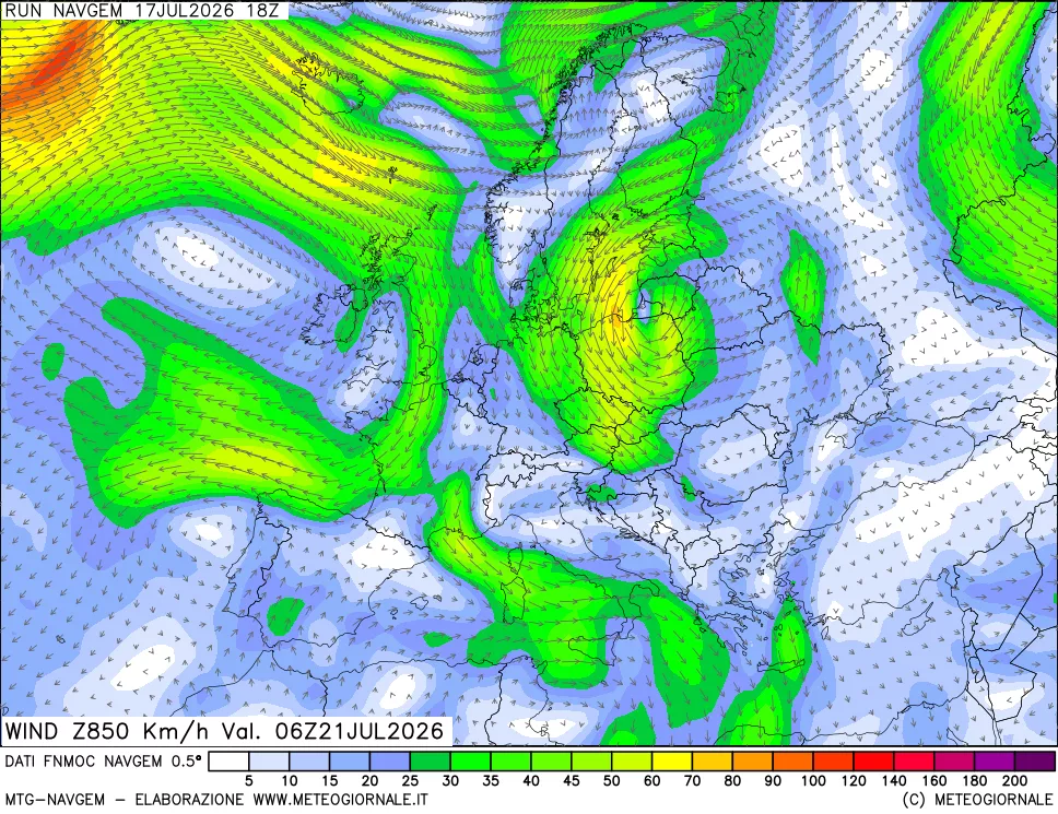 mappa Direzione e forza del vento a 850hPa